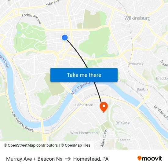 Murray Ave + Beacon Ns to Homestead, PA map