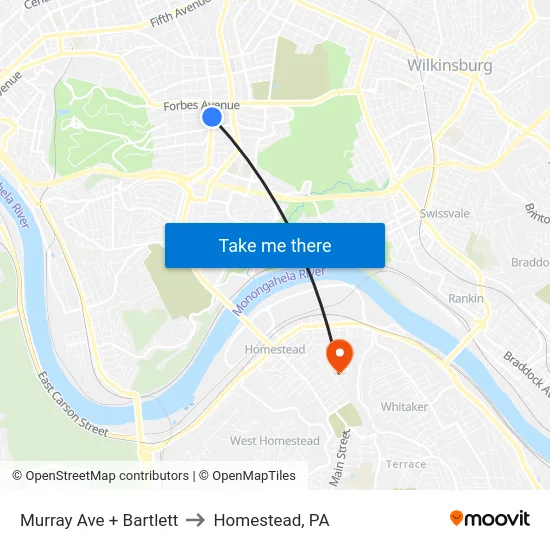 Murray Ave + Bartlett to Homestead, PA map