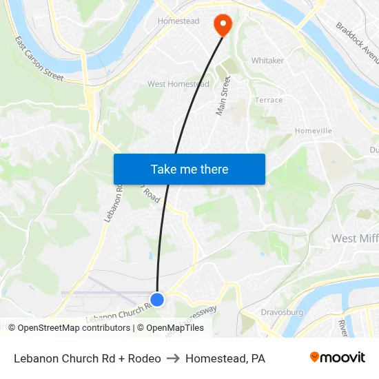 Lebanon Church Rd + Rodeo to Homestead, PA map