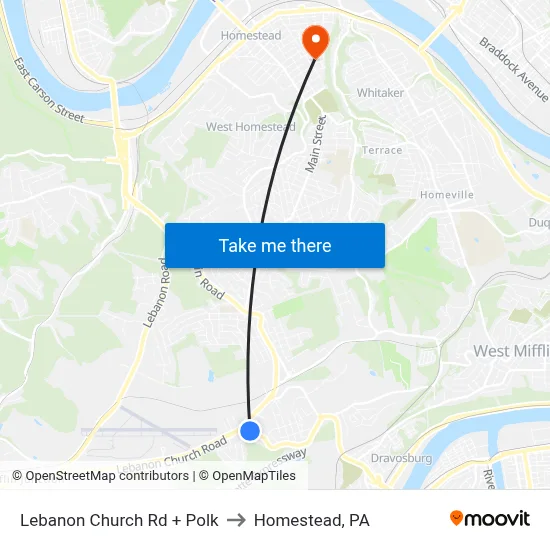 Lebanon Church Rd + Polk to Homestead, PA map