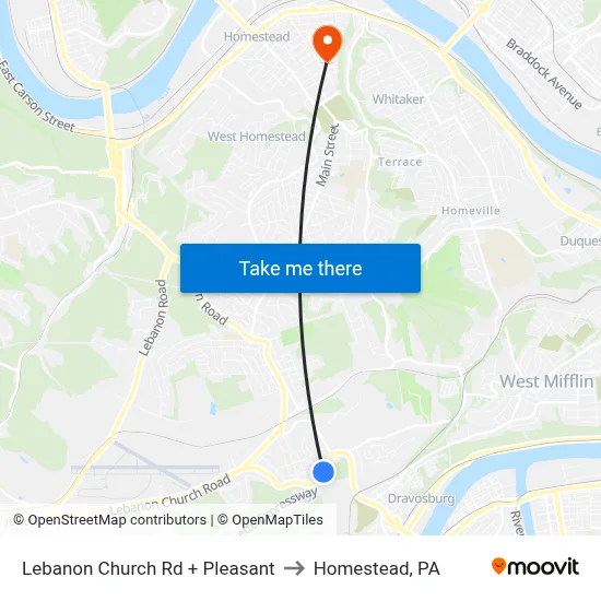 Lebanon Church Rd + Pleasant to Homestead, PA map