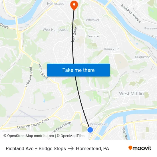 Richland Ave + Bridge Steps to Homestead, PA map