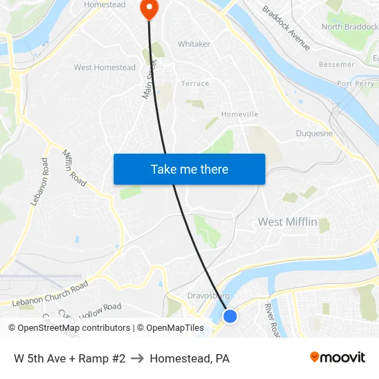 W 5th Ave + Ramp #2 to Homestead, PA map