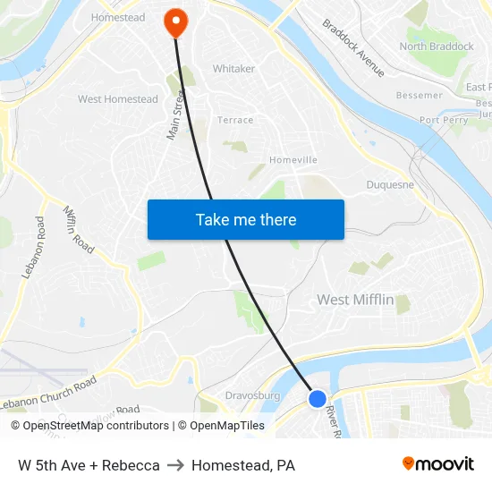 W 5th Ave + Rebecca to Homestead, PA map