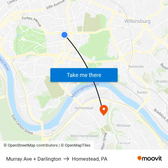 Murray Ave + Darlington to Homestead, PA map