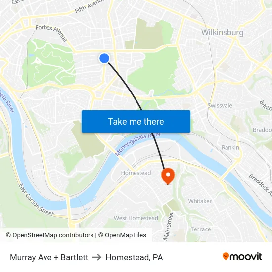 Murray Ave + Bartlett to Homestead, PA map