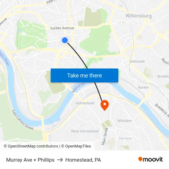 Murray Ave + Phillips to Homestead, PA map