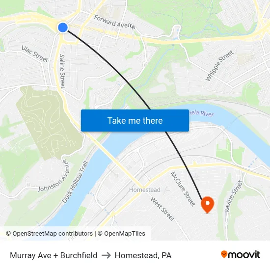 Murray Ave + Burchfield to Homestead, PA map