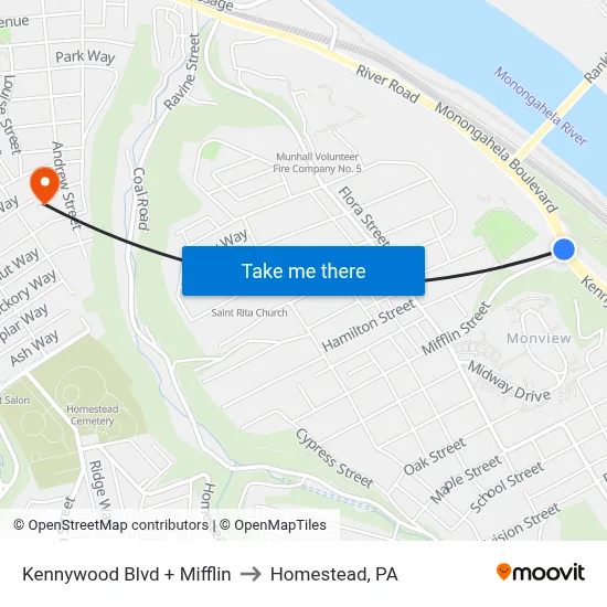 Kennywood Blvd + Mifflin to Homestead, PA map