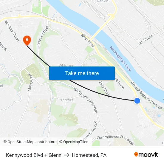 Kennywood Blvd + Glenn to Homestead, PA map