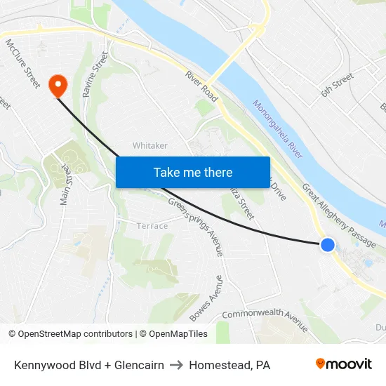 Kennywood Blvd + Glencairn to Homestead, PA map