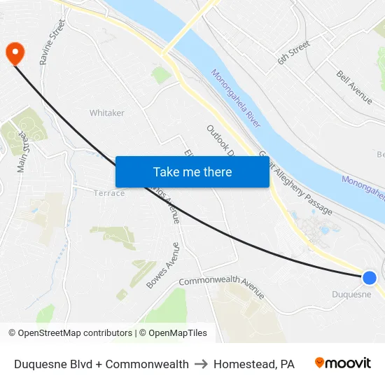 Duquesne Blvd + Commonwealth to Homestead, PA map