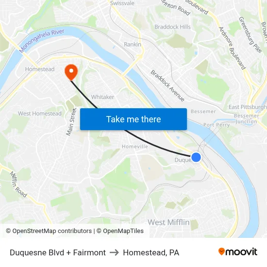 Duquesne Blvd + Fairmont to Homestead, PA map