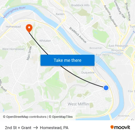 2nd St + Grant to Homestead, PA map
