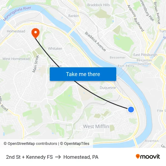 2nd St + Kennedy FS to Homestead, PA map