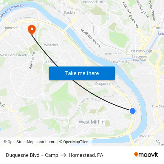 Duquesne Blvd + Camp to Homestead, PA map