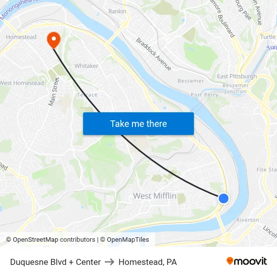 Duquesne Blvd + Center to Homestead, PA map