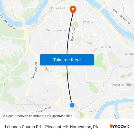 Lebanon Church Rd + Pleasant to Homestead, PA map