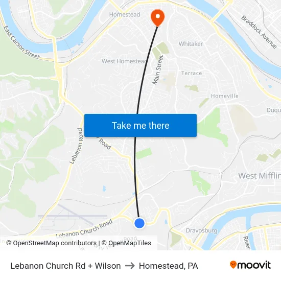 Lebanon Church Rd + Wilson to Homestead, PA map