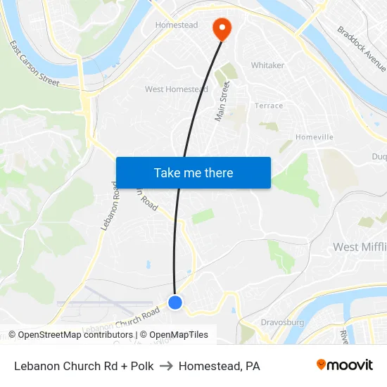 Lebanon Church Rd + Polk to Homestead, PA map