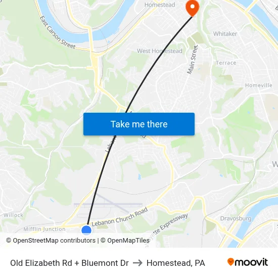 Old Elizabeth Rd + Bluemont Dr to Homestead, PA map