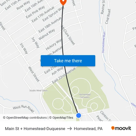 Main St + Homestead-Duquesne to Homestead, PA map