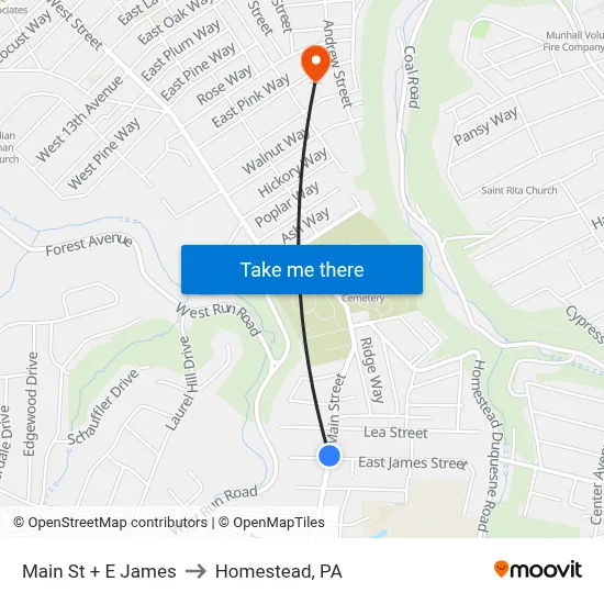 Main St + E James to Homestead, PA map