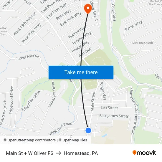 Main St + W Oliver FS to Homestead, PA map