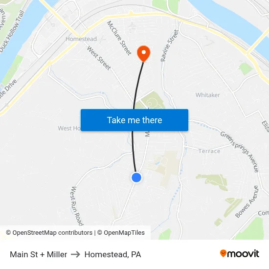Main St + Miller to Homestead, PA map