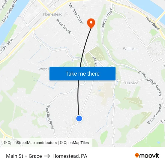 Main St + Grace to Homestead, PA map