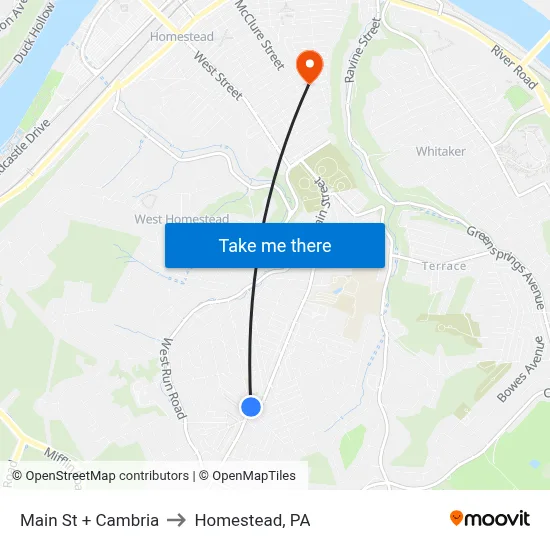 Main St + Cambria to Homestead, PA map