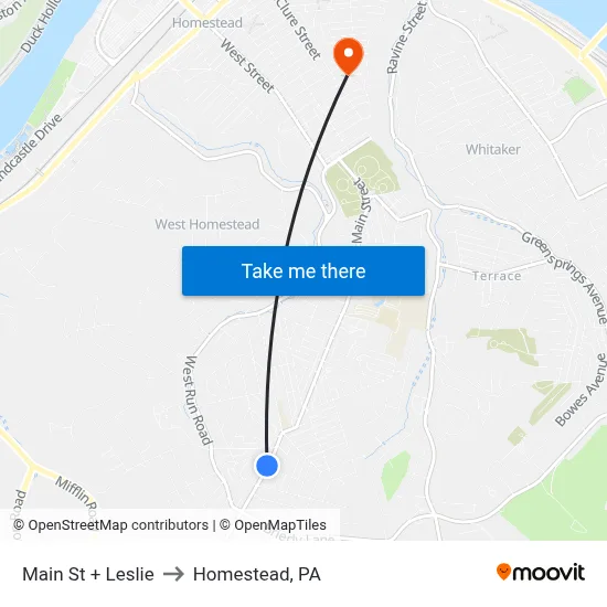 Main St + Leslie to Homestead, PA map