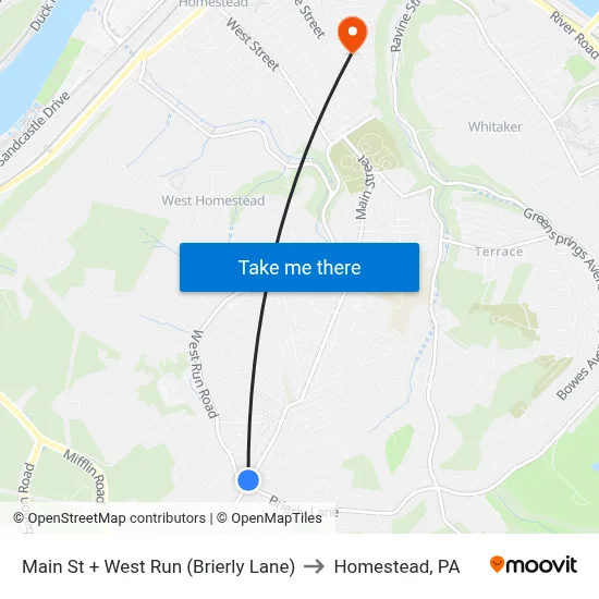 Main St + West Run (Brierly Lane) to Homestead, PA map