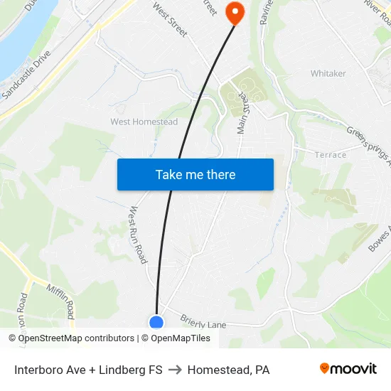 Interboro Ave + Lindberg FS to Homestead, PA map