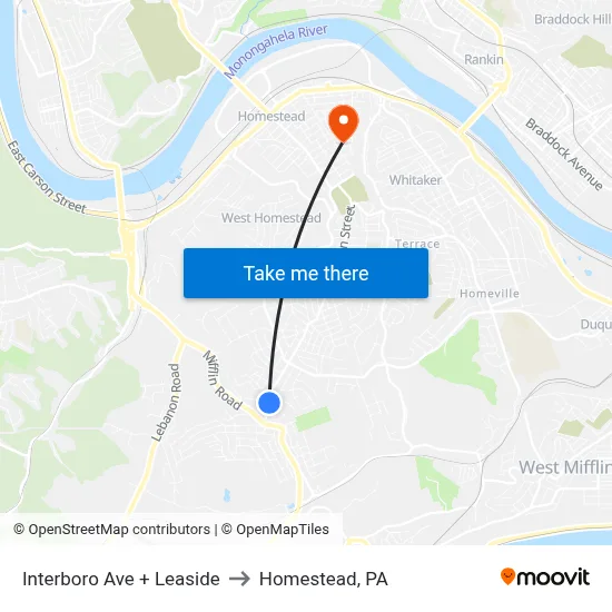 Interboro Ave + Leaside to Homestead, PA map