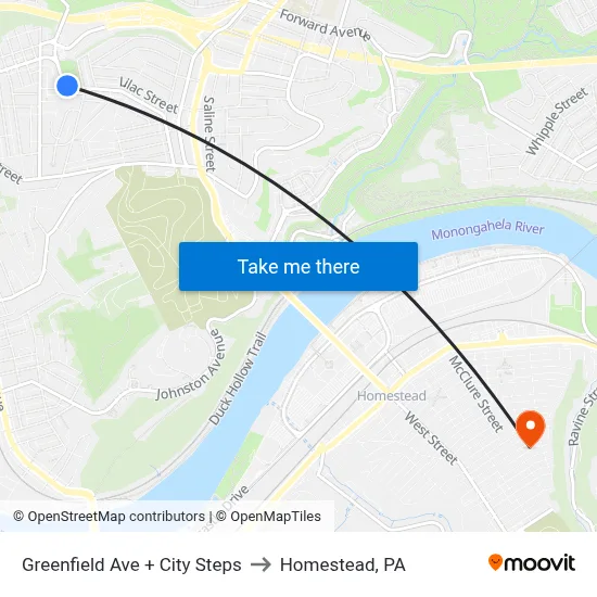 Greenfield Ave + City Steps to Homestead, PA map