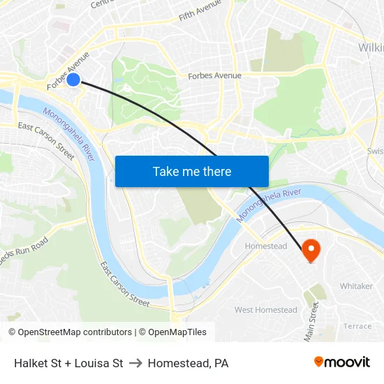 Halket St + Louisa St to Homestead, PA map