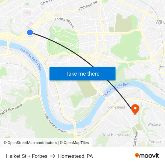 Halket St + Forbes to Homestead, PA map