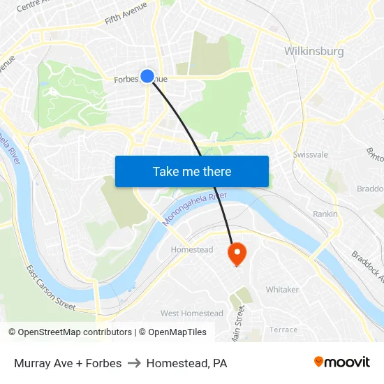 Murray Ave + Forbes to Homestead, PA map