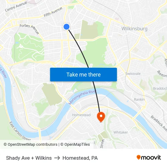 Shady Ave + Wilkins to Homestead, PA map