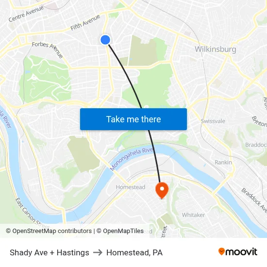Shady Ave + Hastings to Homestead, PA map