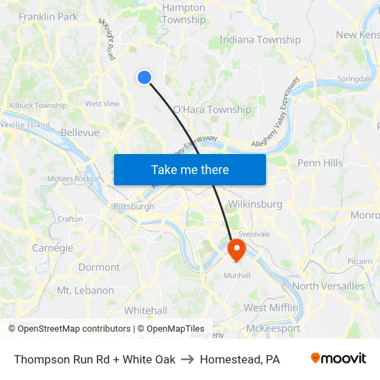 Thompson Run Rd + White Oak to Homestead, PA map