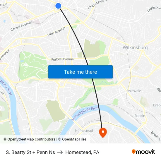 S. Beatty St + Penn Ns to Homestead, PA map