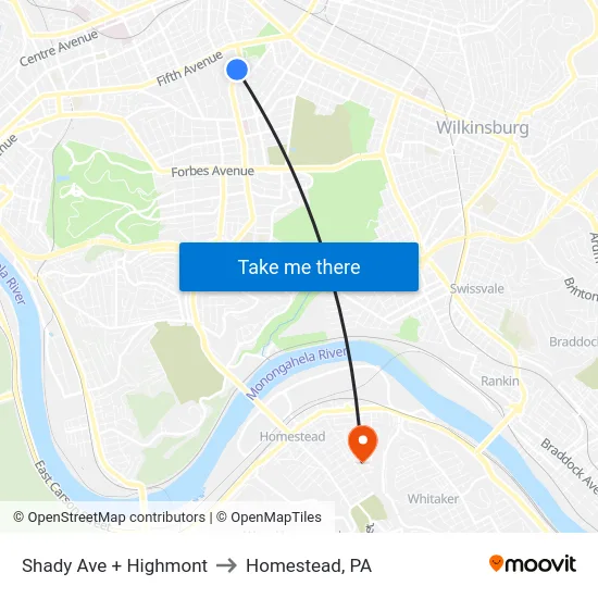 Shady Ave + Highmont to Homestead, PA map