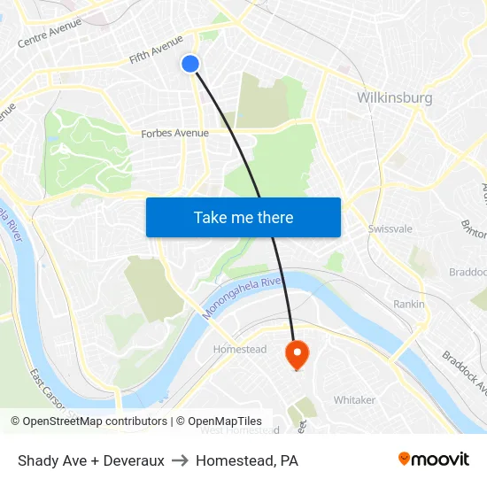 Shady Ave + Deveraux to Homestead, PA map