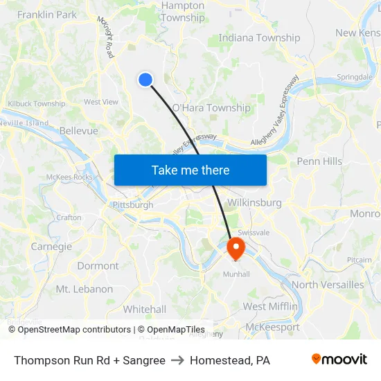 Thompson Run Rd + Sangree to Homestead, PA map
