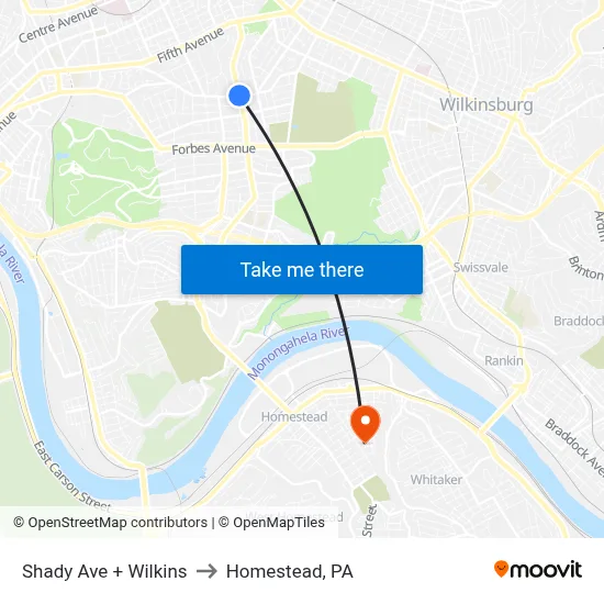 Shady Ave + Wilkins to Homestead, PA map