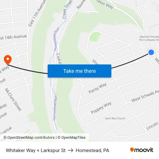 Whitaker Way + Larkspur St to Homestead, PA map