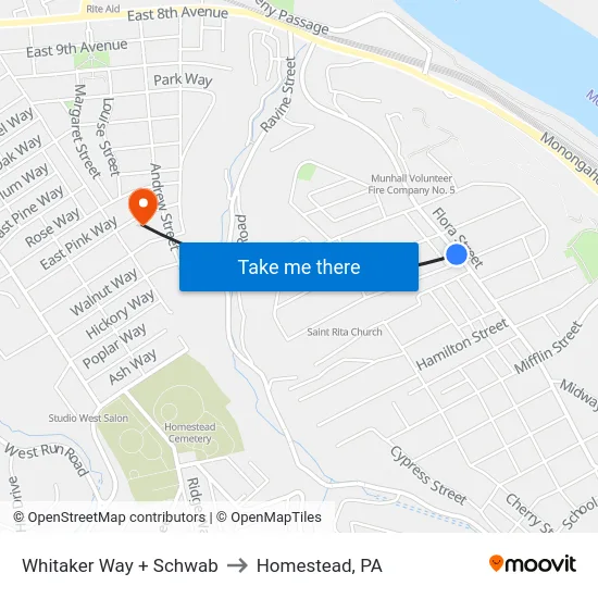 Whitaker Way + Schwab to Homestead, PA map