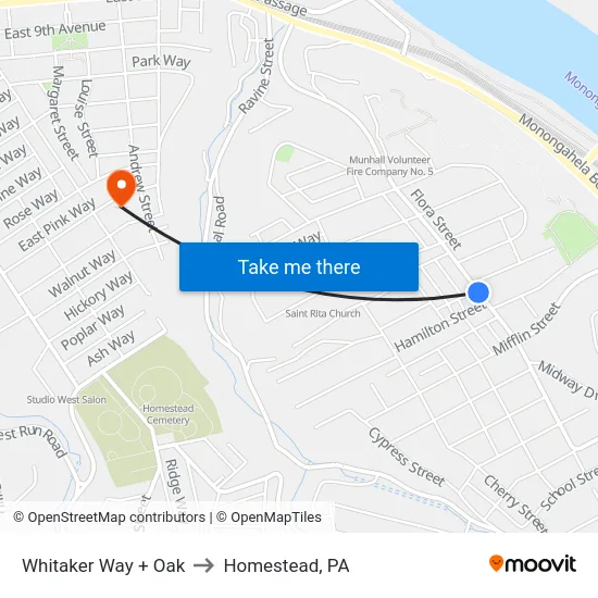 Whitaker Way + Oak to Homestead, PA map